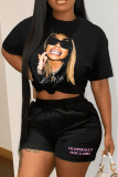 Black Casual Print Patchwork O Neck Short Sleeve Two Pieces