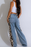 Black And White Casual Leopard Print Contrast Mid Waist Loose Denim Jeans