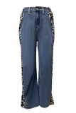 Black And White Casual Leopard Print Contrast Mid Waist Loose Denim Jeans