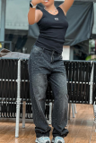Grey Casual Solid Color Hot Drill Mid Waist Loose Denim Jeans