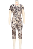 Yellow Sexy Leopard Print Patchwork Oblique Collar Skinny Jumpsuits