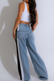Black And White Casual Leopard Print Contrast Mid Waist Loose Denim Jeans