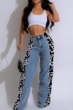 Black And White Casual Leopard Print Contrast Mid Waist Loose Denim Jeans