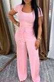 Pink Casual Solid Color Draw String Square Neck Short Sleeve Two Pieces
