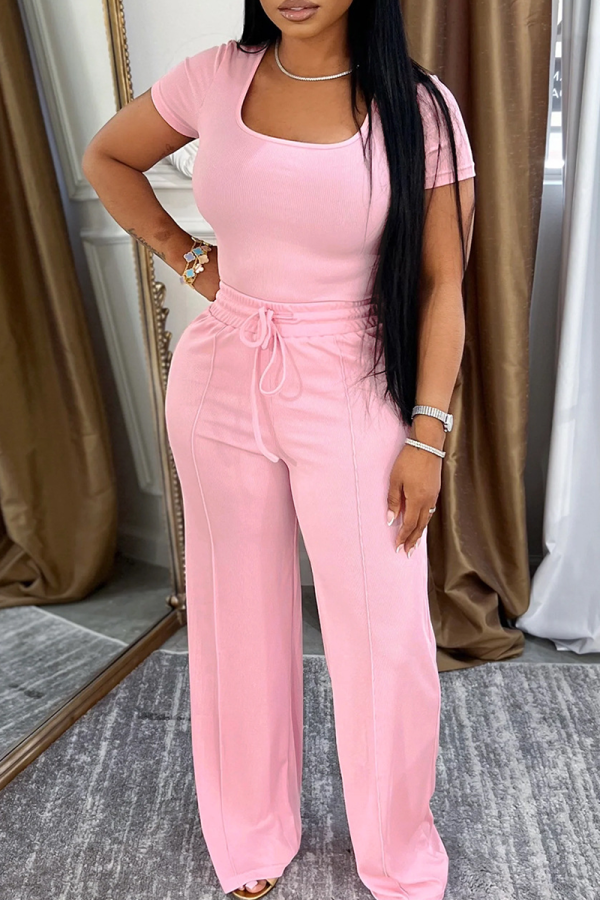 Pink Casual Solid Color Draw String Square Neck Short Sleeve Two Pieces