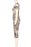 Yellow Sexy Leopard Print Patchwork Oblique Collar Skinny Jumpsuits