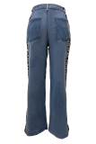 Black And White Casual Leopard Print Contrast Mid Waist Loose Denim Jeans