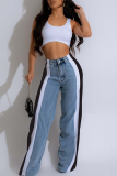 Black And White Casual Leopard Print Contrast Mid Waist Loose Denim Jeans