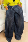 Blue Casual Solid Color Pocket Buttons High Waist Loose Denim Jeans