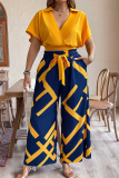 Orange Casual Print Strap Design V Neck Plus Size Two Pieces