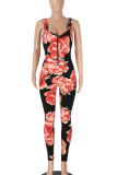 Black Sexy Print Zipper U Neck Skinny Jumpsuits