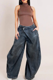 Blue Casual Solid Color Pocket Buttons High Waist Loose Denim Jeans