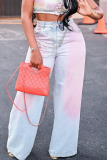 Pink Casual Gradient Patchwork Mid Waist Loose Denim Jeans