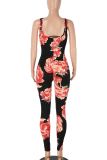 Black Sexy Print Zipper U Neck Skinny Jumpsuits