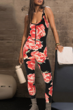 Black Sexy Print Zipper U Neck Skinny Jumpsuits