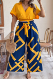 Orange Casual Print Strap Design V Neck Plus Size Two Pieces
