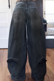 Blue Casual Solid Color Pocket Buttons High Waist Loose Denim Jeans