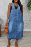 Blue Casual Solid Color Pocket V Neck Sleeveless Loose Denim Dresses