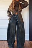 Blue Casual Solid Color Pocket Buttons High Waist Loose Denim Jeans
