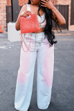 Pink Casual Gradient Patchwork Mid Waist Loose Denim Jeans