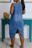 Blue Casual Solid Color Pocket V Neck Sleeveless Loose Denim Dresses