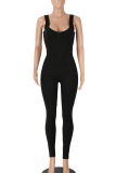Black Sexy Print Zipper U Neck Skinny Jumpsuits