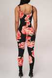 Black Sexy Print Zipper U Neck Skinny Jumpsuits