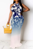 Black Casual Print Patchwork O Neck Long Dresses