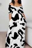 Khaki Casual Print Patchwork Off Shoulder Long Dresses