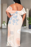 White Casual Print Patchwork Off Shoulder Long Dresses