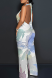 Green Casual Print Backless Halter Loose Jumpsuits