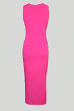 Rose Red Casual Solid Color Buckle Slit V Neck Long Dresses