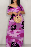 Khaki Casual Print Patchwork Off Shoulder Long Dresses