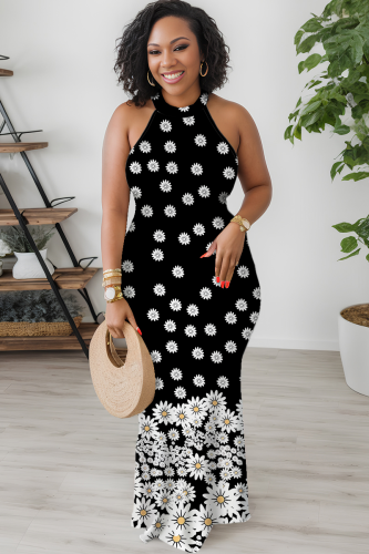 Black Casual Print Patchwork O Neck Long Dresses