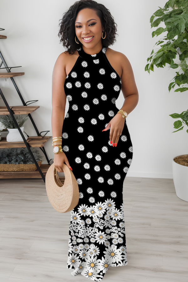 Black Casual Print Patchwork O Neck Long Dresses