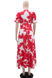 Red Casual Print Strap Design V Neck Long Dresses