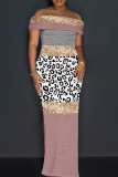 Leopard Print Casual Print Slit Off Shoulder Long Dresses
