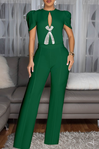 Green Casual Solid Color Hollow Out Bow Decor O Neck Bodycon Jumpsuits