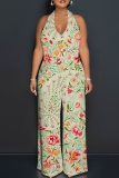 Green Casual Print Backless Halter Loose Jumpsuits
