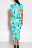 Turquoise Casual Print Patchwork O Neck Long Dresses