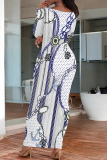 Blue Purple Casual Print Patchwork O Neck Long Dresses