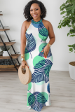 Black Casual Print Patchwork O Neck Long Dresses
