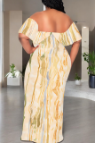 White Casual Print Patchwork Off Shoulder Long Dresses