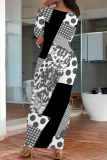 Blue Purple Casual Print Patchwork O Neck Long Dresses