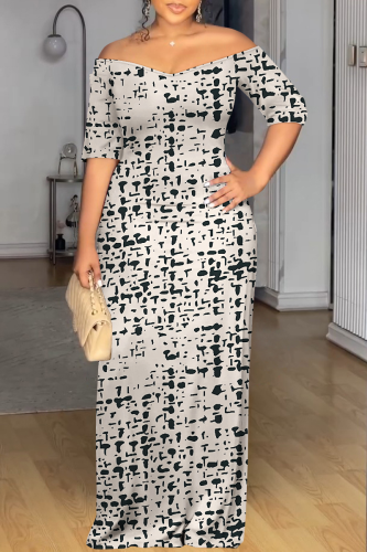 Khaki Casual Print Patchwork Off Shoulder Long Dresses