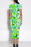Turquoise Casual Print Patchwork O Neck Long Dresses