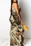 Black Casual Print Patchwork O Neck Long Dresses