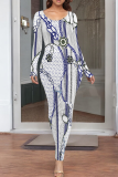 Blue Purple Casual Print Patchwork O Neck Long Dresses