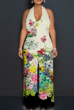 Green Casual Print Backless Halter Loose Jumpsuits