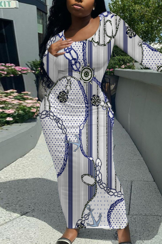 Blue White Casual Print Patchwork O Neck Long Dresses
